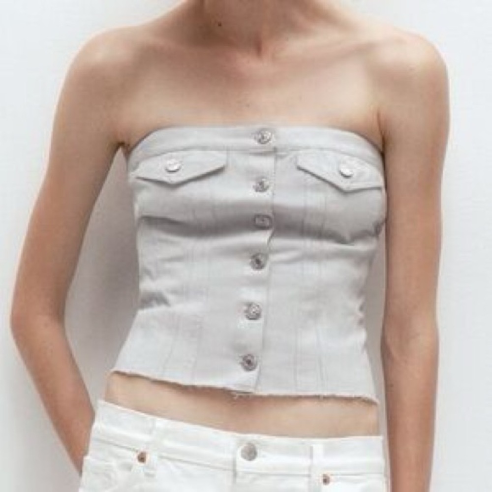 Zara Light Gray Strapless Button-Up Top